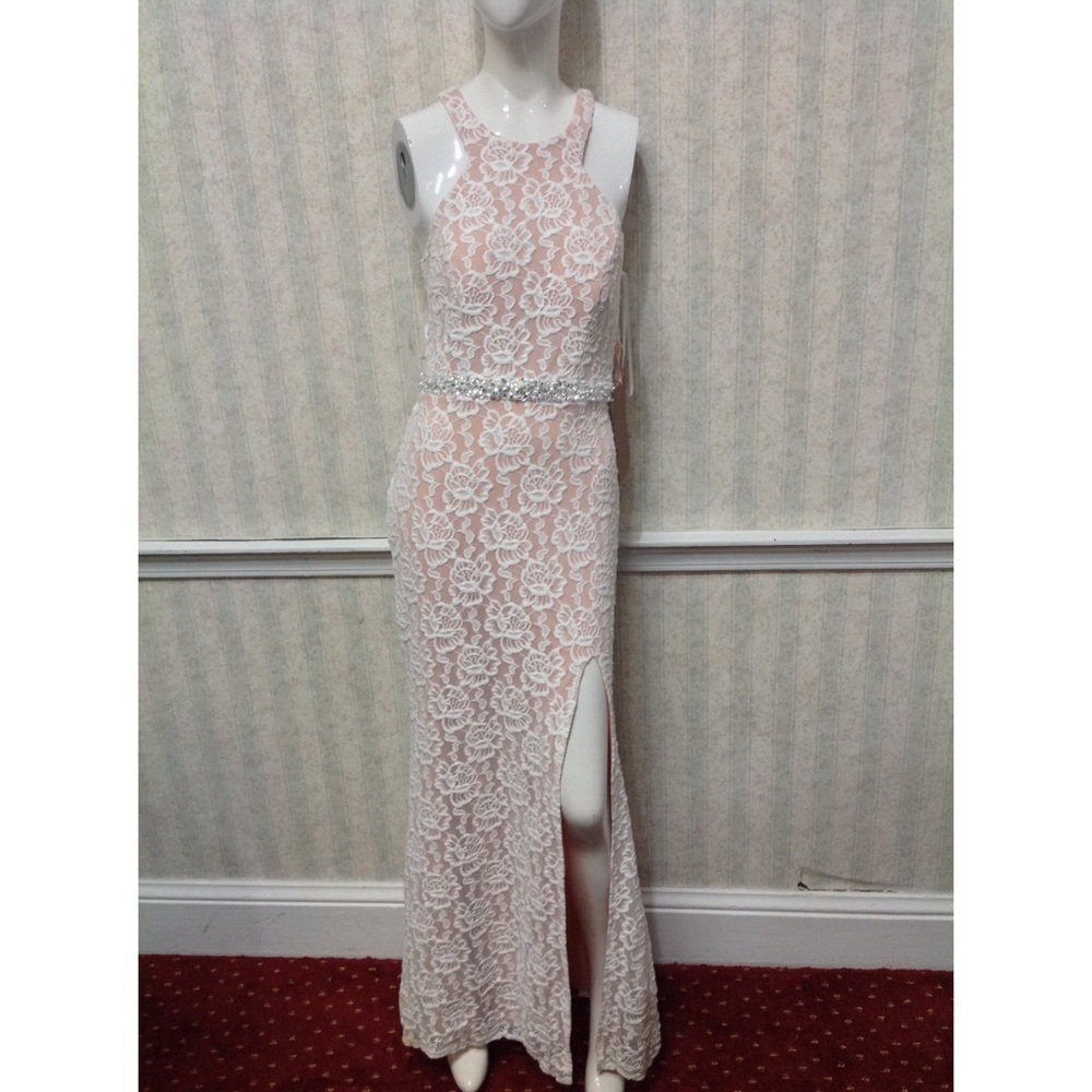 White & Nude Lace Bedazzled Prom Dress